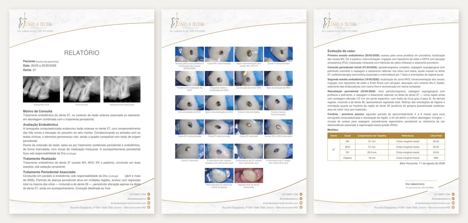 As três páginas do relatório entregue ao paciente, com radiografias e fotos do tratamento